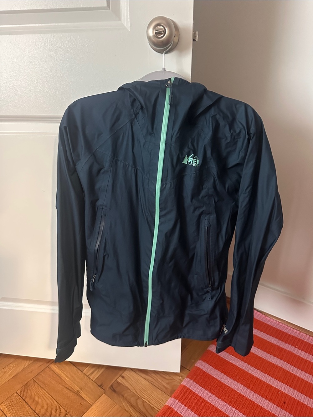 REI Kids Navy Hooded Raincoat with Mint Zipper